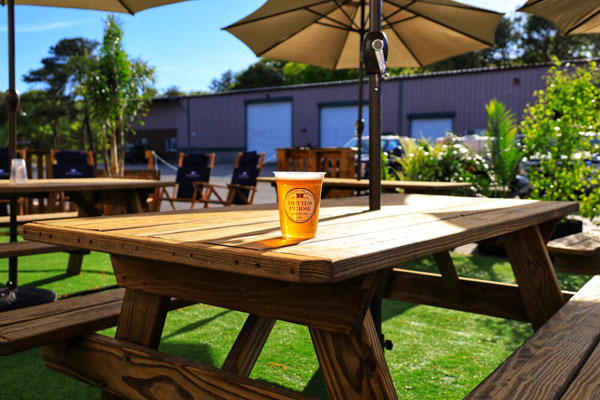 top wooden table cup beer sunny day background