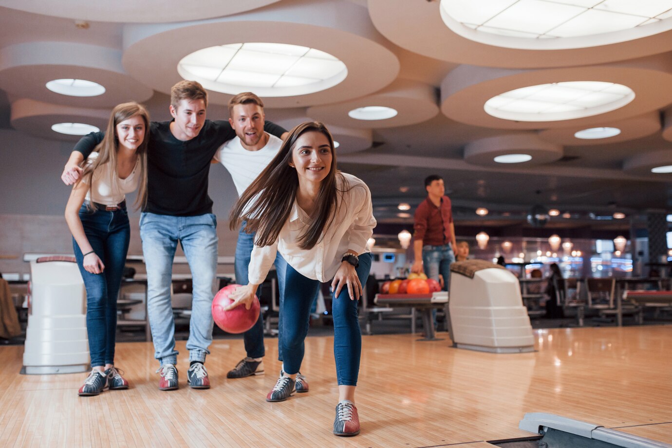 excited people young cheerful friends have fun bowling club their weekends 146671 16658